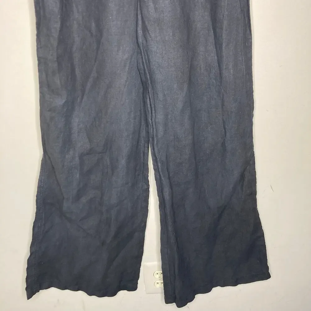 Bella Dahl Summer 100% Linen Roll Over Pants Palazzo Wide Leg Black Womens Sz M - Picture 14 of 16